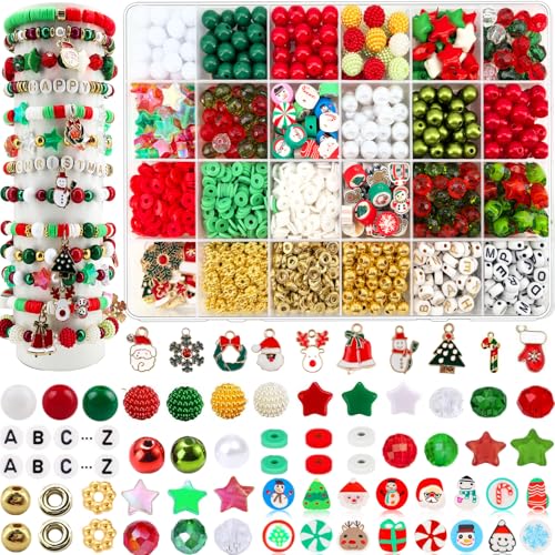 1456-teiliges Weihnachts-Armbandherstellungs-Set, Weihnachtsperlen für Schmuckherstellung, rot-grüne Tonperlen, Sterne, runde Kristallperlen, Schneeflocke, Weihnachtsmann, Weihnachtsbaum-Anhänger für von JJzxwish