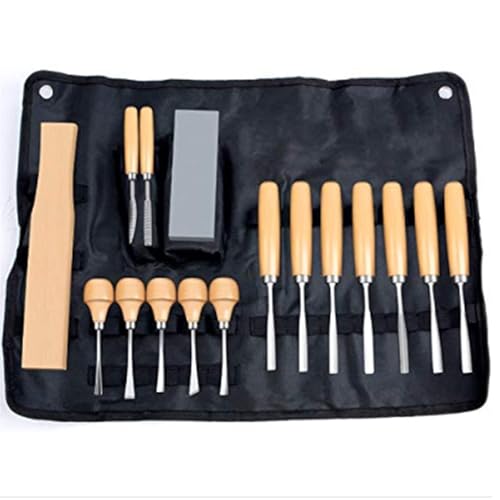 Holzschnitzeisen, 15-teilig, professionelles Holzschnitz-Handmeißel-Set, Werkzeugset for Tischler, Drechsler, Heimwerker, Holzschnitzerei, inklusive Schleifstein und aufrollbarer Werkzeugtasche von JKAVPPT