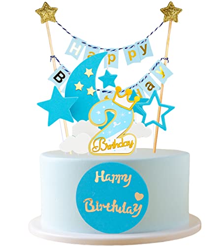 JKJF 2 Geburtstag Tortendeko Junge 2. Geburtstag Kuchen Topper Happy Birthday Banner Girlande Kuchendeko Sterne Wolken Mond Cake Toppers für Baby Kinder Geburtstag - Blau von JKJF