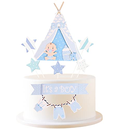 JKJF Babyparty Tortendeko Junge It's a Boy Kuchen Topper Picks Baby Taufe Kuchen Dekoration Zelt Sterne Cupcake Toppers Cake Toppers für Baby Shower Kinder Geburtstag - Blau von JKJF