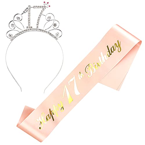 JKJF Happy 17. Geburtstag Schärpe 17 Geburtstag Kristall Tiara Strass Krone Haarreif für Damen Frauen Geburtstag Geschenk Geburtstag Dekoration Party Zubehör - Rose Gold 2 STK von JKJF