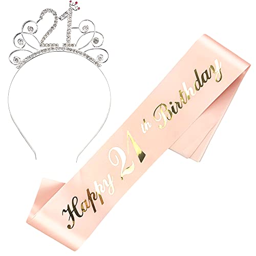 JKJF Happy 21. Geburtstag Schärpe 21 Geburtstag Kristall Tiara Strass Krone Haarreif für Damen Frauen Geburtstag Geschenk Geburtstag Dekoration Party Zubehör - Rose Gold 2 STK von JKJF