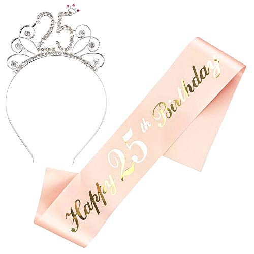 JKJF Happy 25. Geburtstag Schärpe 25 Geburtstag Kristall Tiara Strass Krone Haarreif für Damen Frauen Geburtstag Geschenk Geburtstag Dekoration Party Zubehör - Rose Gold 2 STK von JKJF