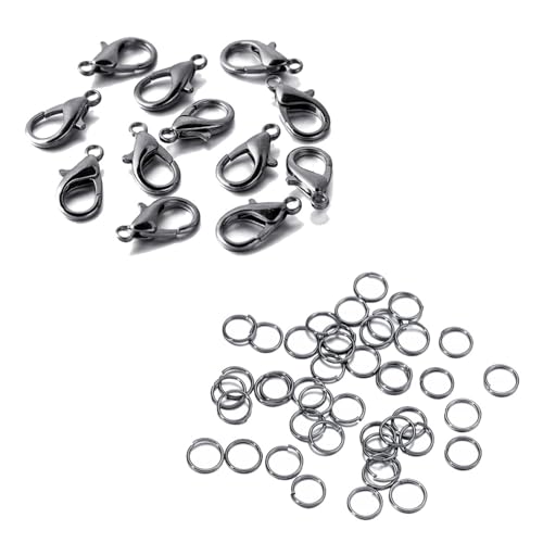 Kit zur Schmuckherstellung 200 Ringe + 100 Verschlüsse Set, Karabinerverschluss, offene Binderinge for Armbänder, Halsketten, Verbinder, Schmuckherstellung, DIY-Set schmuckherstellung set(Black set,14 von JKLDBNGH