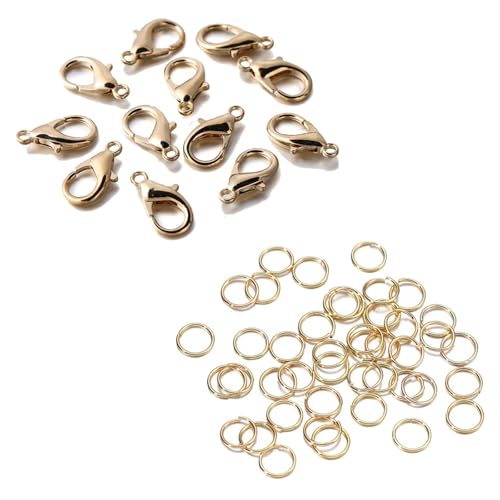 Kit zur Schmuckherstellung 200 Ringe + 100 Verschlüsse Set, Karabinerverschluss, offene Binderinge for Armbänder, Halsketten, Verbinder, Schmuckherstellung, DIY-Set schmuckherstellung set(Gold,10mm Cl von JKLDBNGH