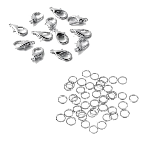 Kit zur Schmuckherstellung 200 Ringe + 100 Verschlüsse Set, Karabinerverschluss, offene Binderinge for Armbänder, Halsketten, Verbinder, Schmuckherstellung, DIY-Set schmuckherstellung set(Rhodium set, von JKLDBNGH