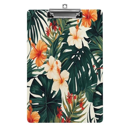 Acryl-Klemmbretter, tropische Sommer-Hawaii-Blume, Palmblätter, bedrucktes Klemmbrett mit niedlichen Mustern, hängende Klemmbretter sind geeignet für Studenten, Lehrer, Büros und Männer und Frauen von JKLPOMN