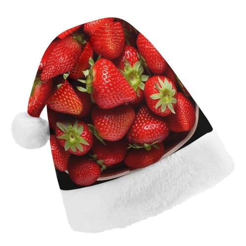 JKLPOMN Weihnachtsmütze für Kinder, weiche und bequeme Weihnachtsmütze, Erdbeeren in Schale, bedruckt, niedlich, verdickt, geeignet für Erwachsene, Männer, Frauen, Weihnachtsfeier, von JKLPOMN