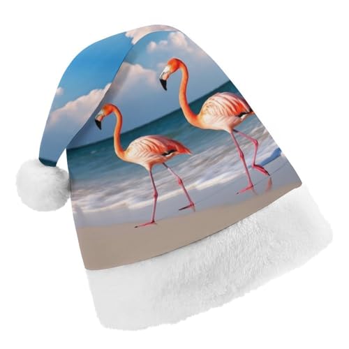 JKLPOMN Weihnachtsmütze für Kinder, weiche und bequeme Weihnachtsmütze, Flamingo am Strand, bedruckt, niedlich, verdickt, geeignet für Erwachsene, Männer, Frauen, Weihnachtsfeier, von JKLPOMN