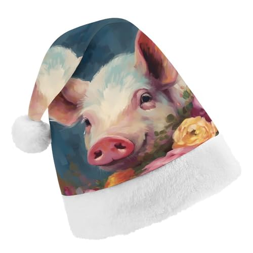 JKLPOMN Weihnachtsmütze für Kinder, weiche und bequeme Weihnachtsmütze, Motiv: Blume, Schweine, bedruckt, niedlich, verdickt, geeignet für Erwachsene, Männer, Frauen, Weihnachtsfeier, von JKLPOMN