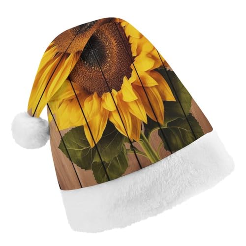 JKLPOMN Weihnachtsmütze für Kinder, weiche und bequeme Weihnachtsmütze, Sonnenblume mit Holzdruck, niedlich, verdickt, geeignet für Erwachsene, Männer, Frauen, Weihnachtsfeier, Neujahrsparty-Zubehör von JKLPOMN