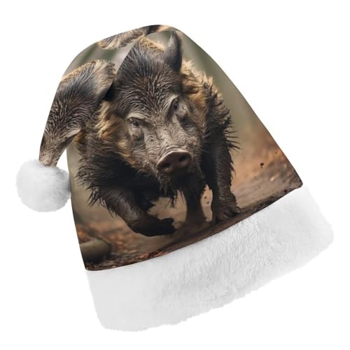 JKLPOMN Weihnachtsmütze für Kinder, weiche und bequeme Weihnachtsmütze, Wildschwein-Fotos, bedruckt, niedlich, verdickt, geeignet für Erwachsene, Männer, Frauen, Weihnachtsfeier, Neujahrsparty-Zubehör von JKLPOMN