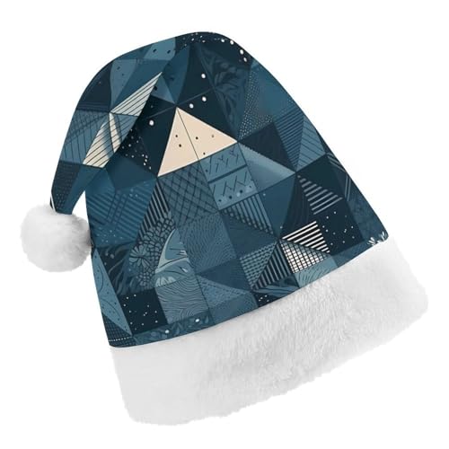 JKLPOMN Weihnachtsmütze für Kinder, weiche und bequeme Weihnachtsmütze, blaues geometrisches Muster, bedruckt, niedlich, verdickt, geeignet für Erwachsene, Männer, Frauen, Weihnachtsfeier, von JKLPOMN