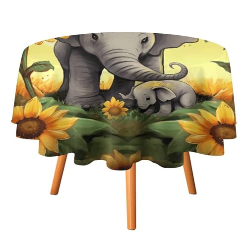 Runde Picknick-Tischdecke, Motiv: Mutter und Baby, Elefant, Sonnenblumen, bedruckt, für den Außenbereich, wasserdicht, öldicht, Beistelltischdecke, tragbar, für drinnen und draußen von JKLPOMN