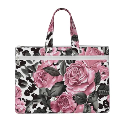 Dokumententasche mit niedlichem Rosen-Mix, Leopardenmuster, bedruckt, für Lehrer, aus Segeltuch, für Arbeit, lässige Handtasche für Büro, Schule, Reisen, Strand von JKLQWC