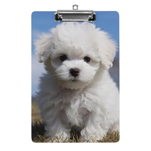 Acryl-Klemmbrett, mit Bichon Frisé-Hund, bedrucktes A4-Klemmbrett, niedliches Klemmbrett zum Aufhängen, leichtes Klemmbrett, Bürobrett-Clip mit niedrigem Profil-Clip von JKLQWH