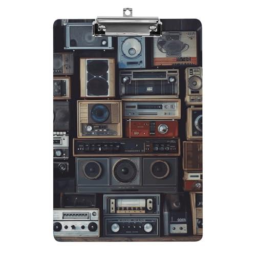 Acryl-Klemmbrett, mit Vintage-Wand von Radio-Boombox, bedrucktes A4-Klemmbrett, niedliches Klemmbrett, leichtes Klemmbrett, Büroboard-Clip mit niedrigem Profil-Clip von JKLQWH