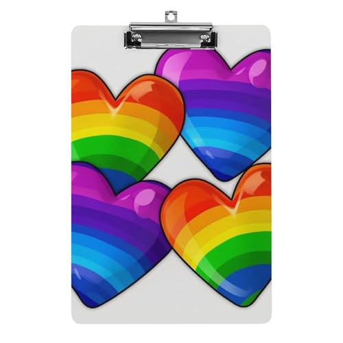 Acryl-Klemmbrett, mit regenbogenfarbenen Gay-Pride-Herzen, bedrucktes A4-Klemmbrett, niedliches Klemmbrett zum Aufhängen, leichtes Klemmbrett, Bürobrett-Clip mit niedrigem Profil-Clip von JKLQWH