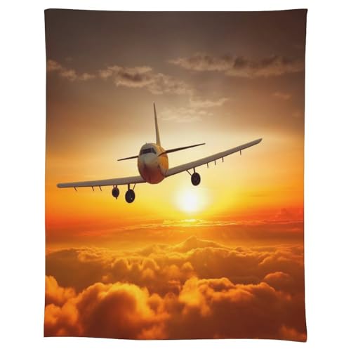 JKLQWH Rechteckige Tischdecke mit Flugzeugflugzeug bei Sonnenuntergang, auslaufsicher, knitterfrei, Leinentischdecken für Esszimmer, dekorative Stofftischdecke, waschbar, Bauernhaus-Stoff-Tischdecken von JKLQWH