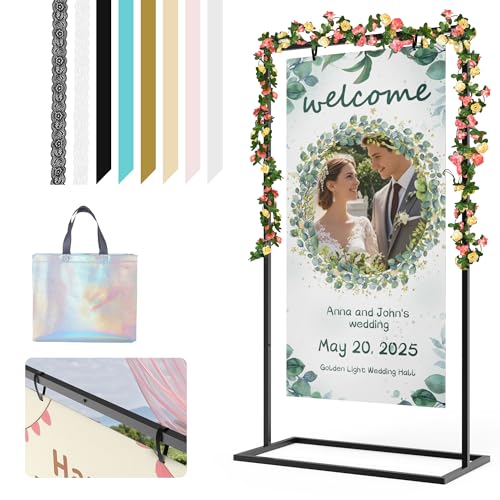 Hochzeitsschild-Halter, Metall-Staffelei-Ständer für Schilder mit 8 Paar Satinband und 2 Paar Lederschilderbändern, Blumenranke, 144 x 78 x 38 cm, Aufschrift "Welcome to Our Wedding Sign Stand", von JKLUMI