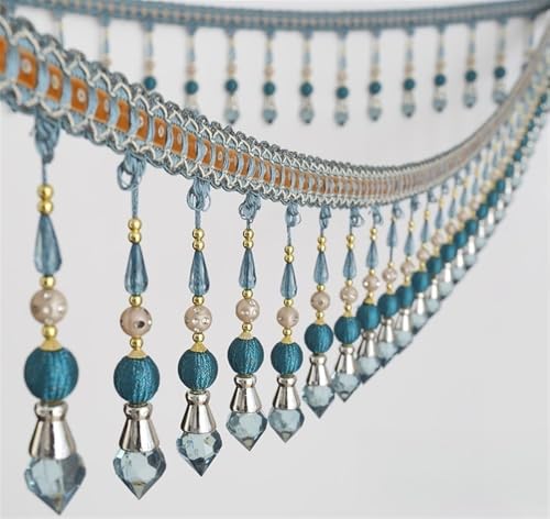 1 Yard Europäische Vorhangbesatz mit hängenden Perlen, luxuriöse Quasten mit Kristallperlen, Dekoration for den unteren Rand des Vorhangkopfs(Blue) von JKUHA