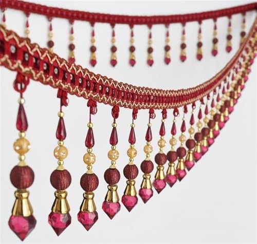1 Yard Europäische Vorhangbesatz mit hängenden Perlen, luxuriöse Quasten mit Kristallperlen, Dekoration for den unteren Rand des Vorhangkopfs(Red) von JKUHA