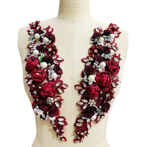 Applikationen mit Perlenaufnähern, handgenähte dreidimensionale Spitzen- und Blumenaccessoires, mehrfarbige Perlen-Diamant-Aufnäher(Dark red) von JKUHA