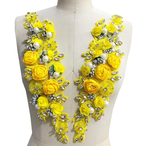 Applikationen mit Perlenaufnähern, handgenähte dreidimensionale Spitzen- und Blumenaccessoires, mehrfarbige Perlen-Diamant-Aufnäher(Yellow) von JKUHA