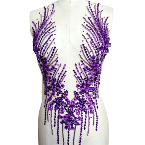 Luxuriöse Strass-Applikation mit Perlen, Netz-Blumenstück mit V-Ausschnitt, personalisiertes DIY-Zubehör, Hochzeitskleid-Dekoration(Purple) von JKUHA