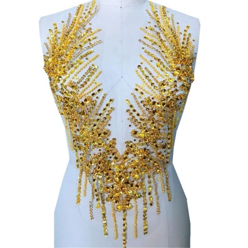 Luxuriöse Strass-Applikation mit Perlen, Netz-Blumenstück mit V-Ausschnitt, personalisiertes DIY-Zubehör, Hochzeitskleid-Dekoration(Yellow) von JKUHA