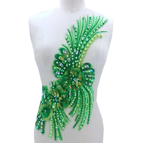 Perlenapplikationen, Grüne handbestickte Perlen-Pailletten-Spitzenapplikationen, Hochzeitskleid-Spitzenapplikation von JKUHA