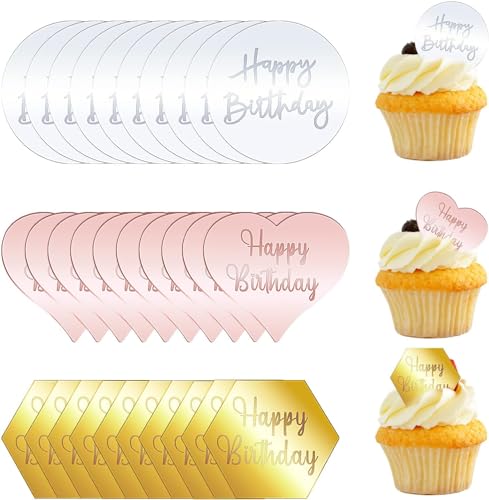 30 Stück Spiegel-Acryl-Cupcake-Topper, goldfarben, sechseckig, silberfarben, runde und rotgoldene Herzen, Happy Birthday-Kuchenaufsätze, Geburtstagsparty, DIY, Dessert, Cupcakes, Dekoration von JLNGTHONG