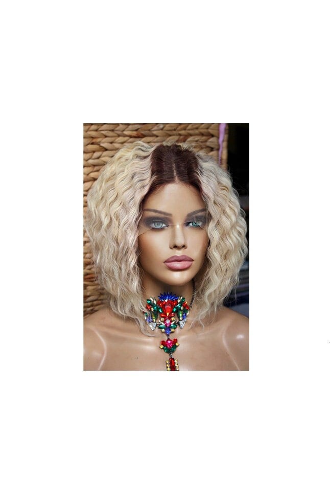 Perücke Echthaar Remy 100% Menschliches Haar Front Lace Wig Ombre Gewellt Wellen Wellig Lang Halblang Bob Braun Blond Hellblond 13x4 von JLWLaceWigPeruecken