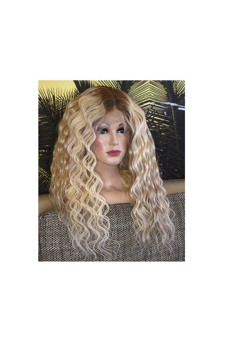 Perücke Full Lace Wig Remy Echthaar 100% Balayage Ombre Gewellt Wavy Lang Blond Hellblond Mittelblond Aschblond Dunkelblond Volle Spitze von JLWLaceWigPeruecken