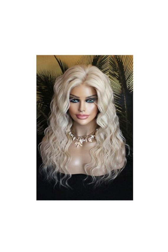 Perücke Remy Echthaar 100% Front Lace Wig Gewellt Wellig Lang Blond Hellblond Aschblond Eisblond Platinblond 13x4 Natürlich Netz von JLWLaceWigPeruecken