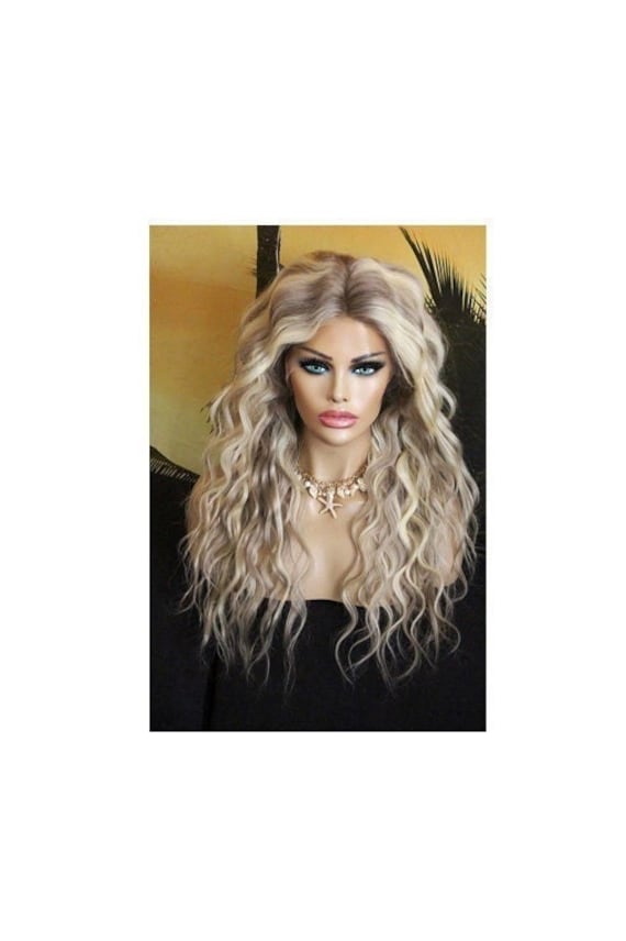 Perücke Remy Echthaar 100% Lace Wig Gewellt Lang Blond Hellblond Balayage Ombre Highlights Strähnchen Aschblond Mittelblond Champanger 13x4 von JLWLaceWigPeruecken