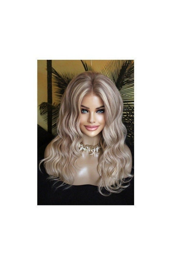 Perücke Remy Echthaar 100% Lace Wig Gewellt Lang Langhaar Blond Hellblond Aschblond Champanger 13x4 Puderton Sandblond Highlights Strähnchen von JLWLaceWigPeruecken