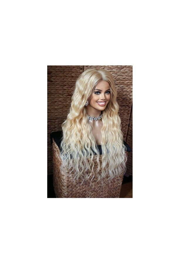 Perücke Remy Echthaar 100% Lace Wig Gewellt Wellig Wellen Lang Langhaar Blond Hellblond 13x4 Netz Natürlich Lockig Alltag Zweithaar Beach von JLWLaceWigPeruecken