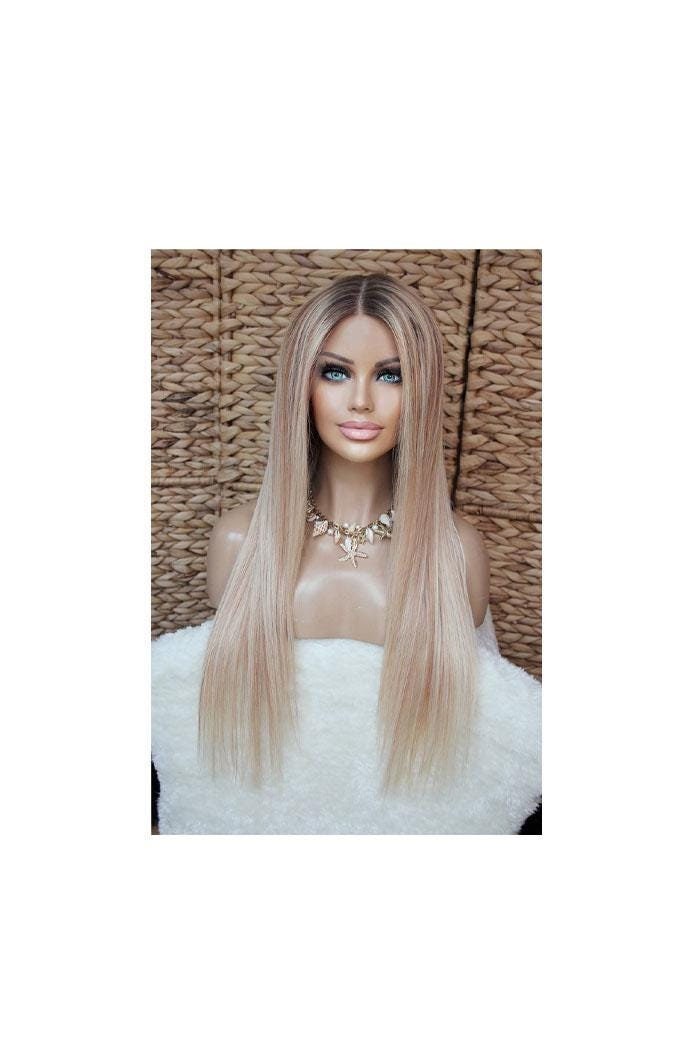 Perücke Remy Echthaar 100% Lace Wig Glatt Lang Strähnchen Blond Hellblond Mittelblond Mittelbraun Sombre Ombre Piano Highlights Strawberry von JLWLaceWigPeruecken