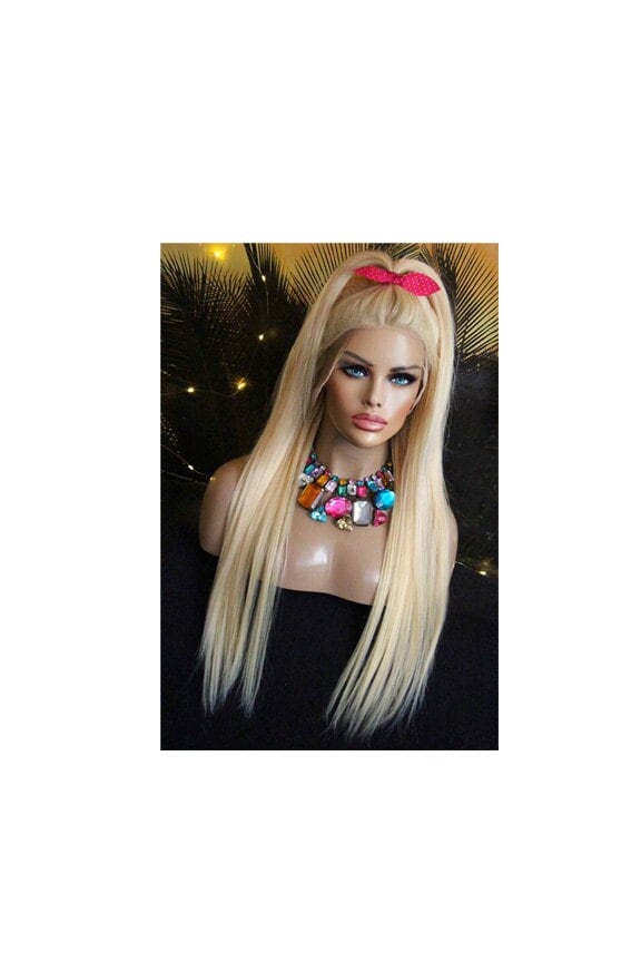 Perücke Remy Echthaar 100% Lace Wig Straight Glatt Lang Langhaar Blond Hellblond Goldig Goldblond Gelbblond 13x4 Netz Natürlich Drag von JLWLaceWigPeruecken