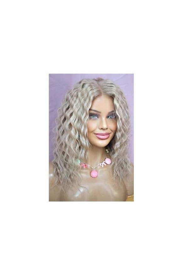 Perücke Remy Echthaar Front Lace Wig Gewellt Wellig Halblang Bob Longbob Blond Grau Hellblond Weißblond Highlights Strähnchen Aschblond von JLWLaceWigPeruecken