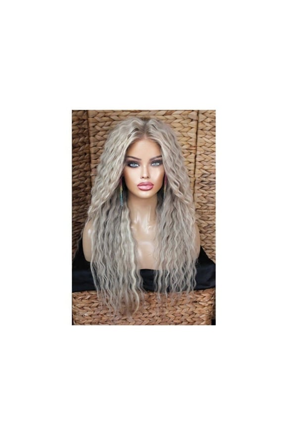 Perücke Remy Echthaar Front Lace Wig Gewellt Wellig Lang Blond Grau Hellblond Graublond Weißblond Highlights Strähnchen Aschblond Champanger von JLWLaceWigPeruecken