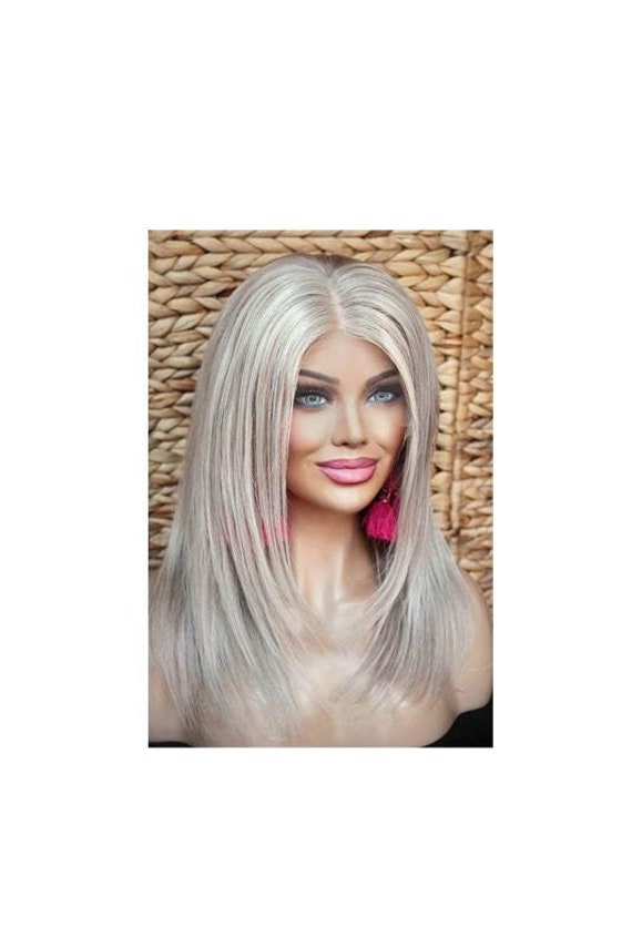 Perücke Remy Echthaar Front Lace Wig Glatt Halblang Longbob Bob Blond Grau Hellblond Weißblond Highlights Strähnchen Ombre Aschblond von JLWLaceWigPeruecken