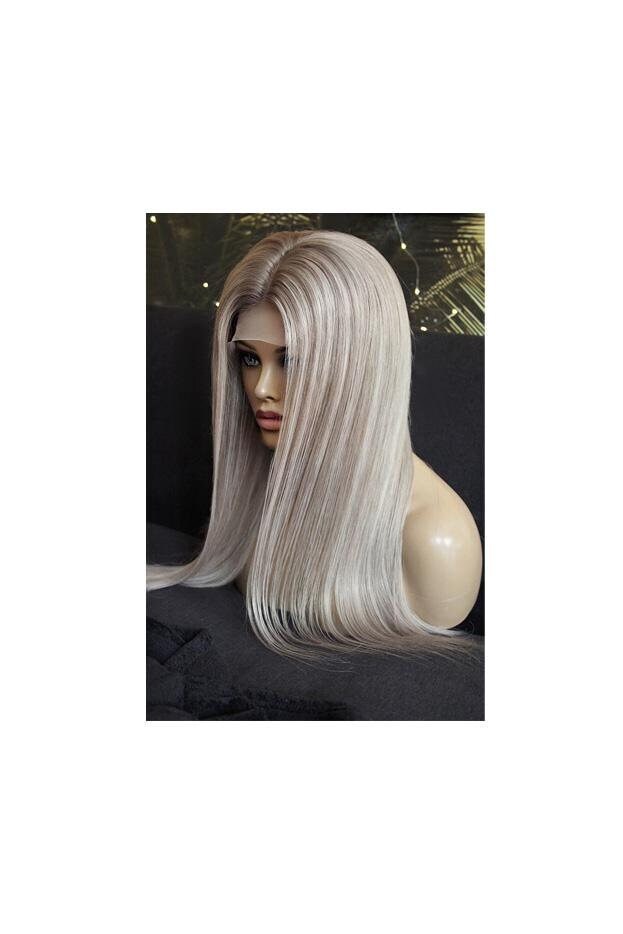 Perücke Remy Echthaar Front Lace Wig Glatt Lang Blond Grau Hellblond Graublond Weißblond Highlights Strähnchen Aschblond Champanger Langhaar von JLWLaceWigPeruecken