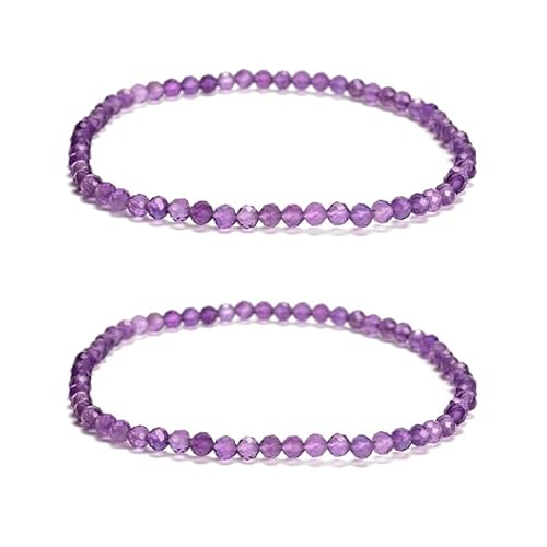 JM Design 2 Stück pro Beutel, 3 mm, trendiges, echtes, heilendes Amethyst-Kristall, facettierte, runde Perlen, elastisch, 19,1 cm Länge, für Damen und Herren von JM Design