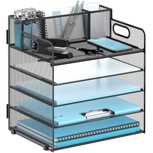 JMHUD Briefablage aus Papier mit 5 Ebenen, Organizer mit 3 Stifthaltern, Netz-Schreibtisch-Organizer mit Griff, Papiersortierer, Schreibtisch-Organizer für Bürobedarf, Schwarz von JMHUD