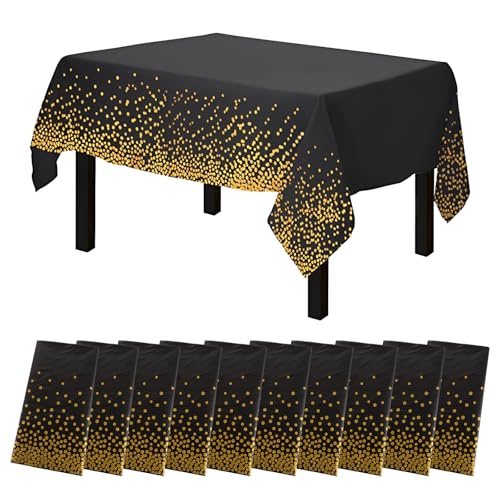 JMIATRY 10 Stück Tischdecke Geburtstag, 137×274cm Tischdecke aus Kunststoff, Dot Tischdecken, Schwarz und Gold Party Tischdecke Hochzeit Tischtuch von JMIATRY