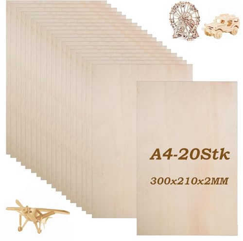 JMIATRY 20 Stück Sperrholzplatte 2mm, Lindenholzplatten 30 x 21cm, Holzplatten zum Basteln für DIY, Modell, Malen, Gravieren… von JMIATRY