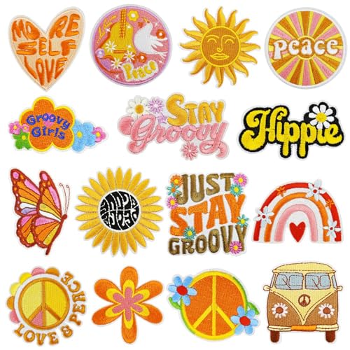 JMZLLRX 15 Stück Vintage Hippie Patches zum Aufbügeln, Orange Flicken Patches Sticker für Kleidung Kleid Jeans Hosen Hüte Rucksäcke Nähen Applique DIY Zubehör von JMZLLRX