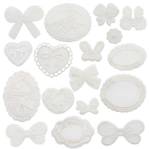 JMZLLRX 18 Stück Spitze Applikationen Patches Herz Schleife Blume Spitze Patch Sticker für Kleidung Blumen Applikation Stickpatches Organza Lace Appliques für Brautkleider Nähen DIY Handwerk von JMZLLRX